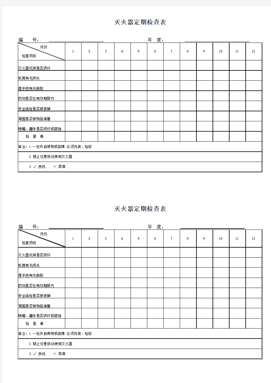 灭火器定期检查表