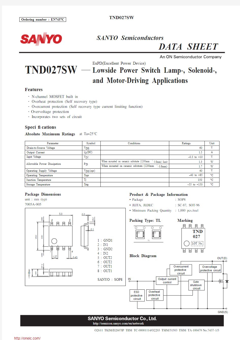 TND027SW-TL-E;中文规格书,Datasheet资料
