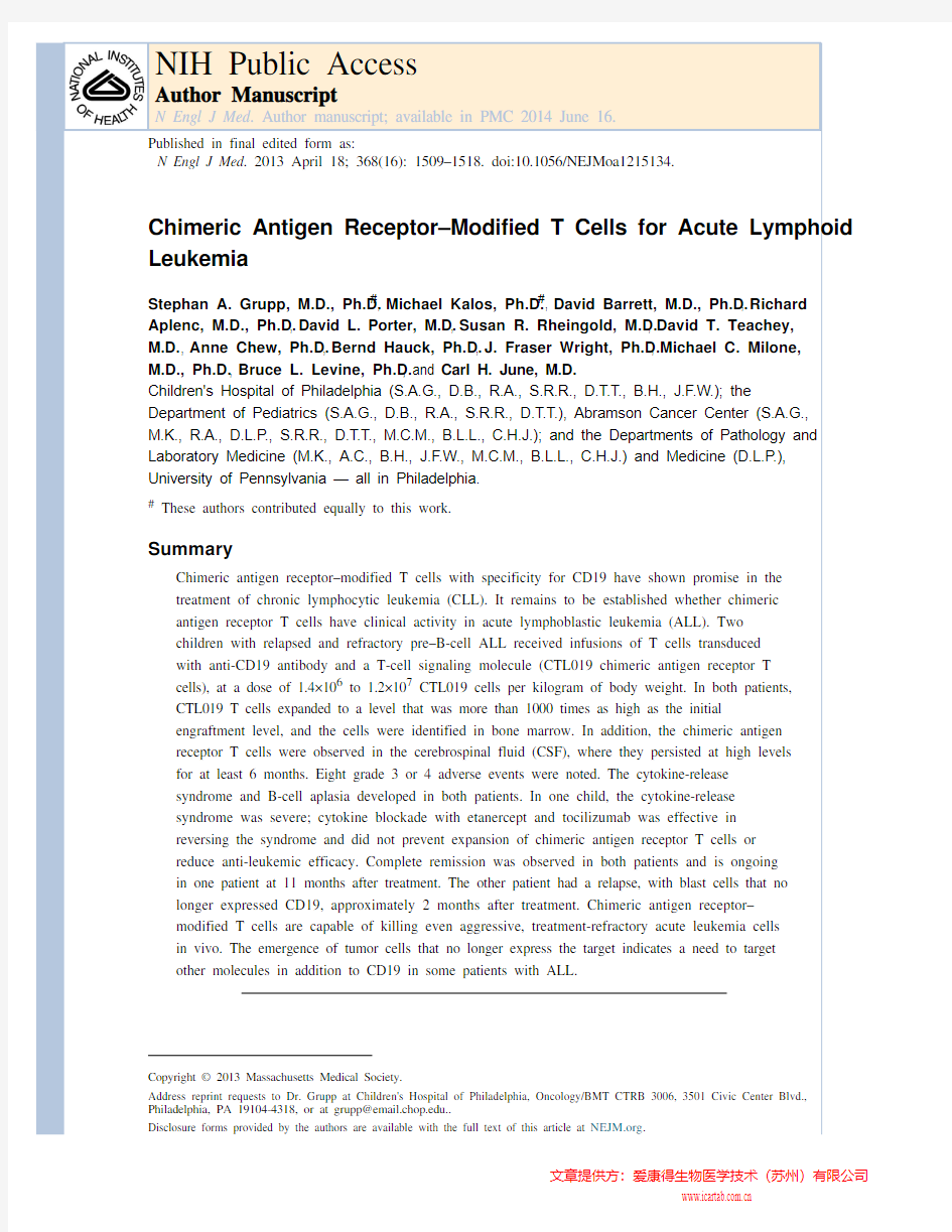 Chimeric Antigen Receptor–Modified T Cells for Acute Lymphoid Leukemia_nihms-474709