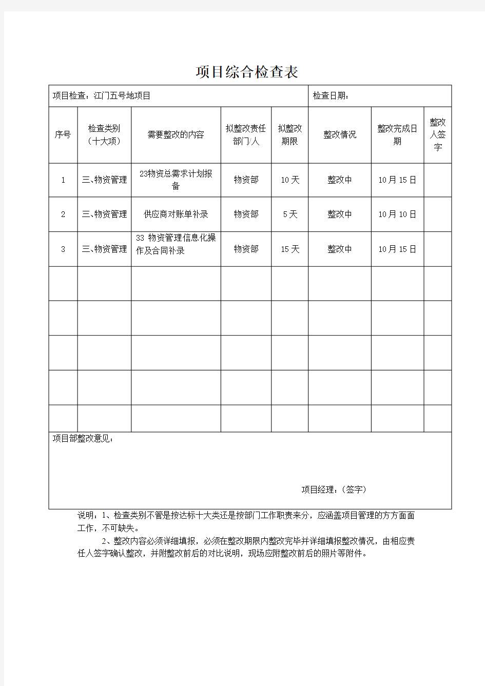 2项目综合检查表