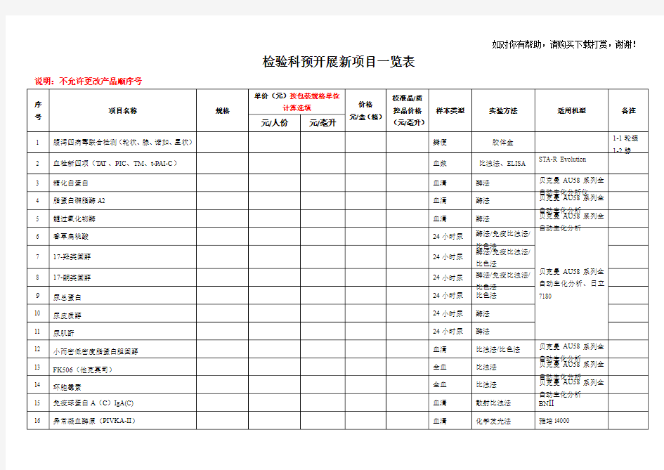 检验科预开展新项目一览表