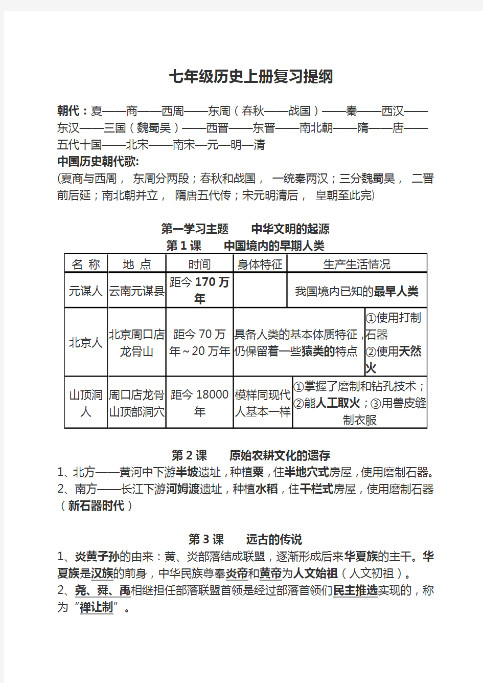 七年级历史上册主要知识点归纳