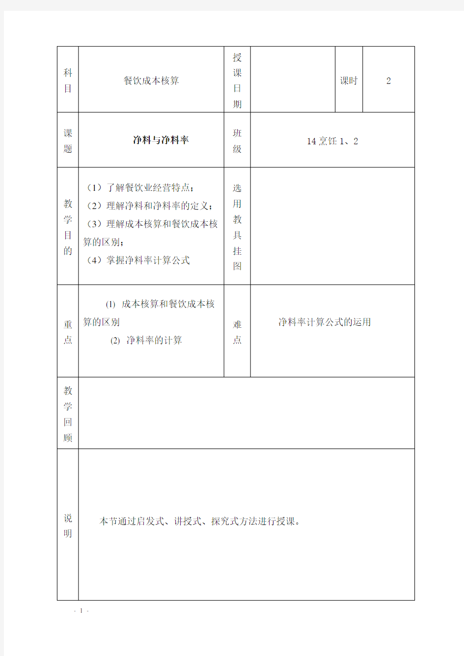 餐饮成本核算教案： 第二章第一节