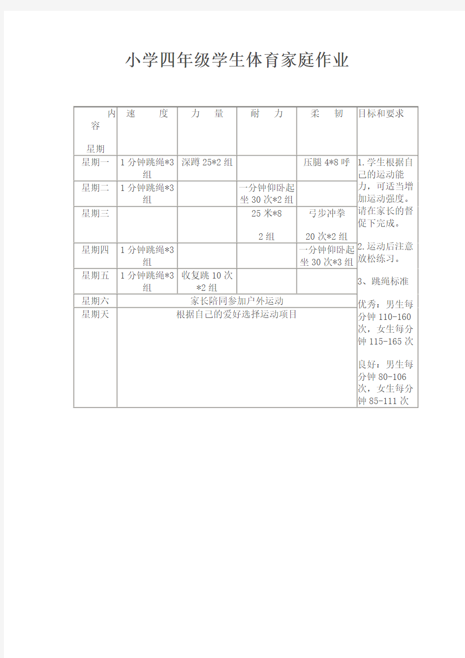 (完整版)小学四年级学生体育家庭作业