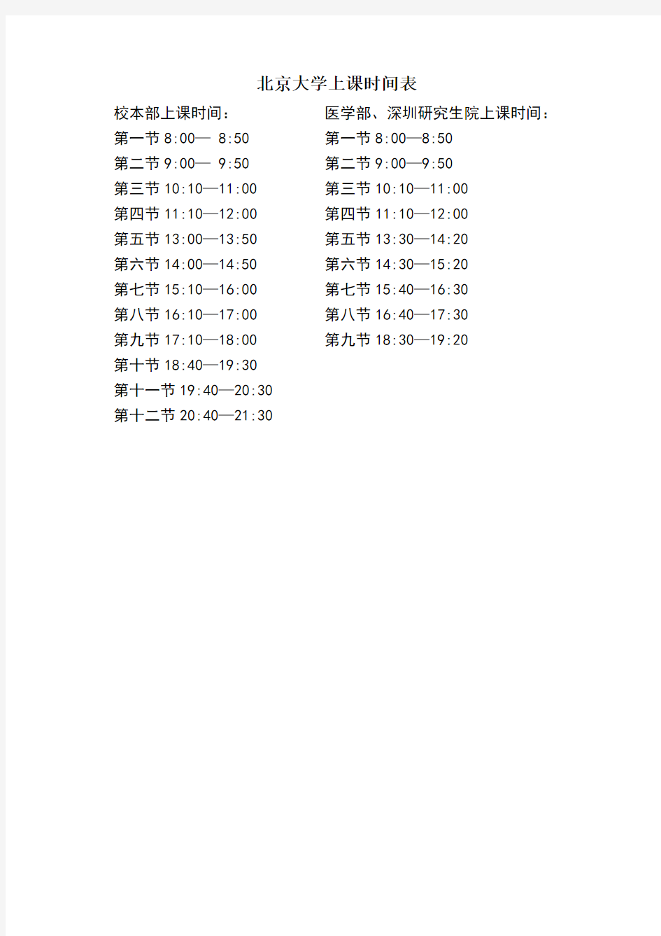 北京大学上课时间表