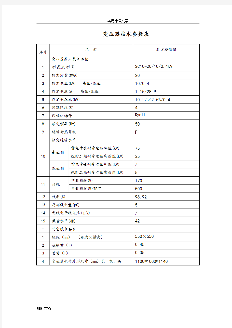 10KV干式变压器全参数表(1)