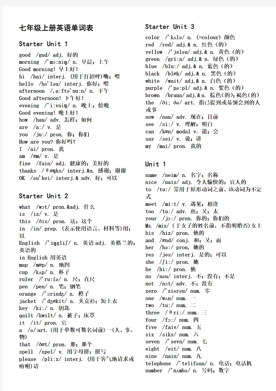 七年级上册英语单词表(带音标)