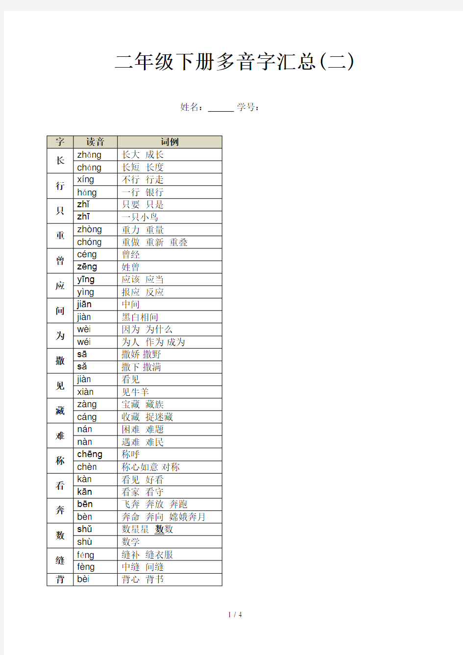 二年级下册多音字汇总(二)