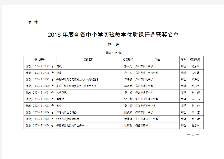 2016年度全省中小学实验教学优质课评选获奖名单