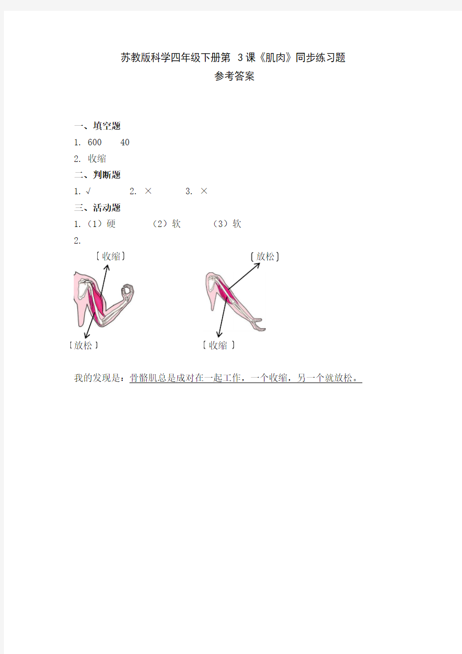 科学 微课 苏教版四下一、3《肌肉》同步习题