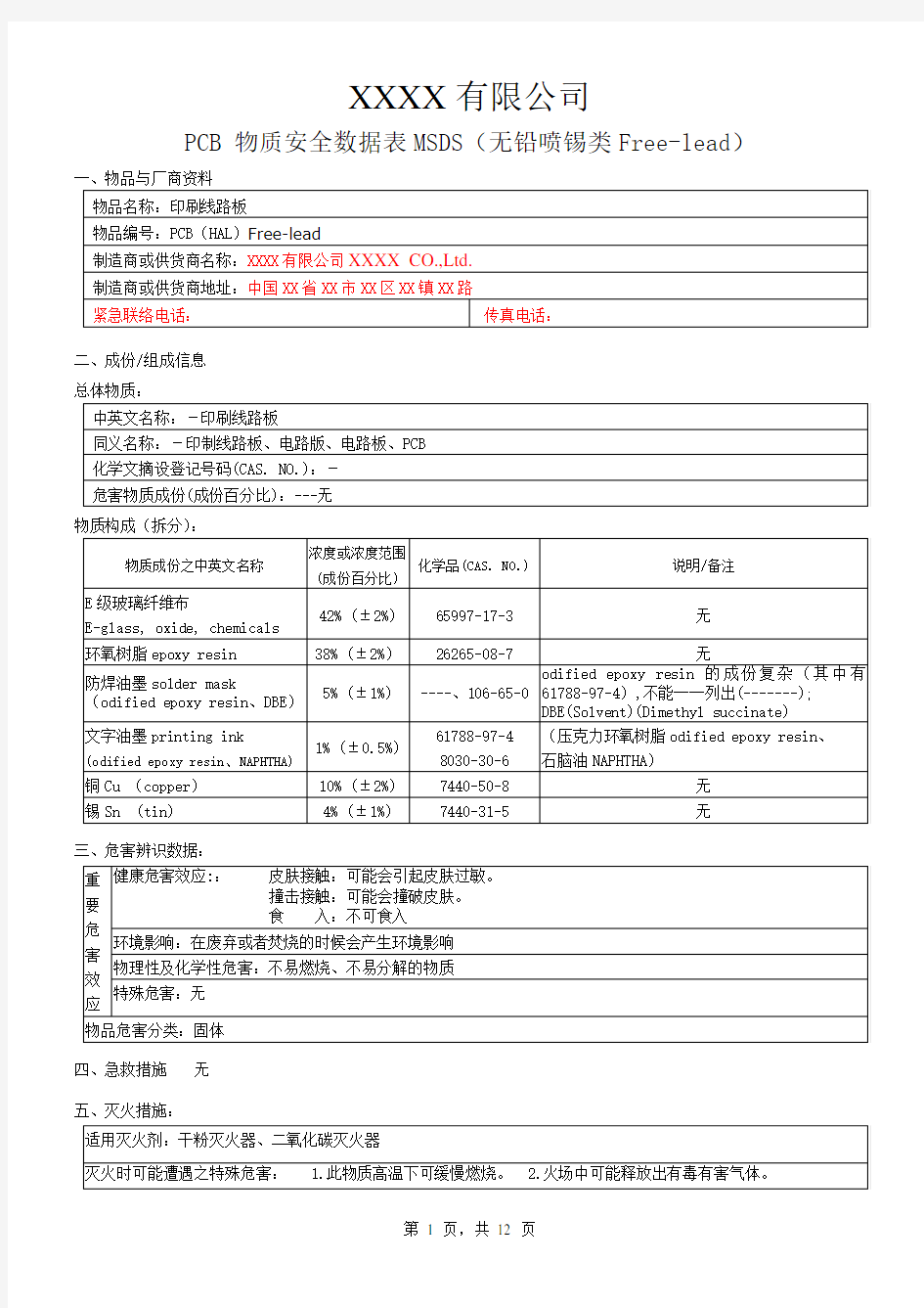 电路板(PCB) MSDS(2018最新最全-包含所有表面处理)