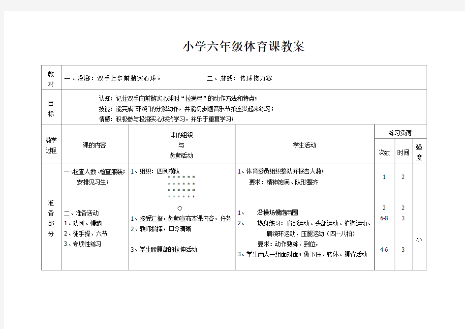 小学六年级体育课教案(实心球)