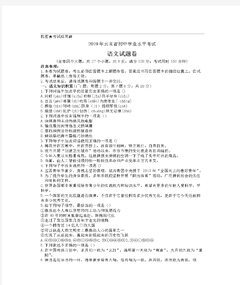 2019年云南省中考语文试卷(含答案)