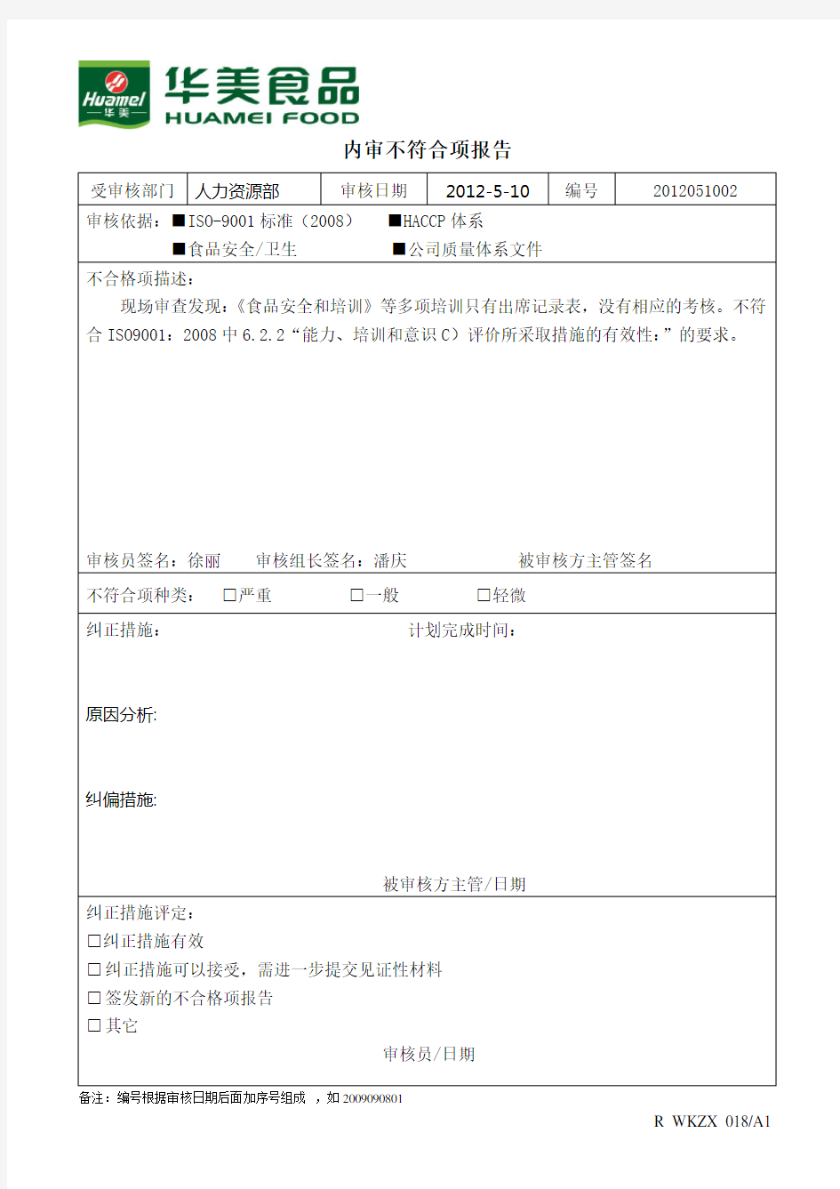 人力资源部内审不符合项报告2