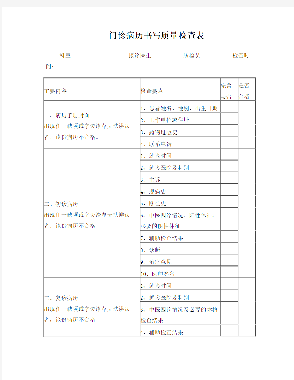 门诊病历书写质量检查评分表