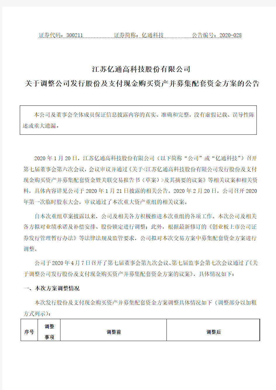 亿通科技：关于调整公司发行股份及支付现金购买资产并募集配套资金方案的公告