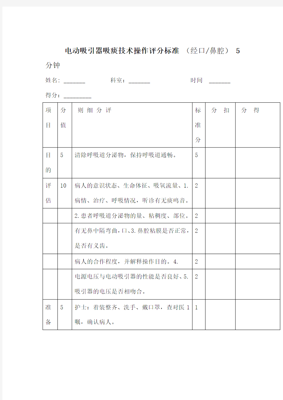 电动吸引器吸痰技术操作评分标准