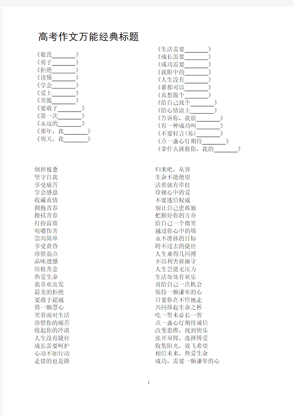 (完整版)高考作文万能经典标题范例