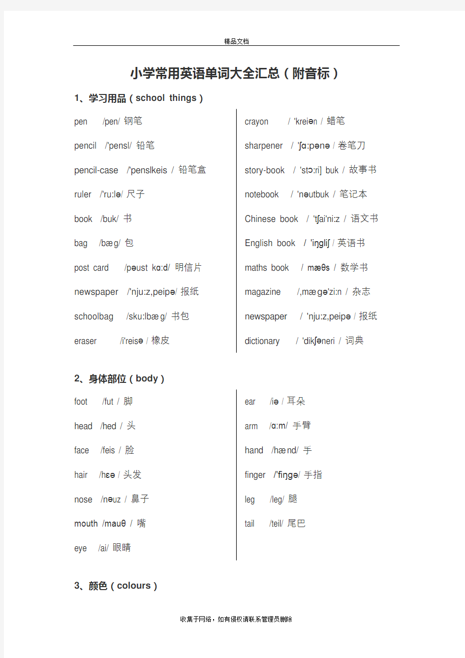 小学常用英语单词大全汇总(附音标)教程文件