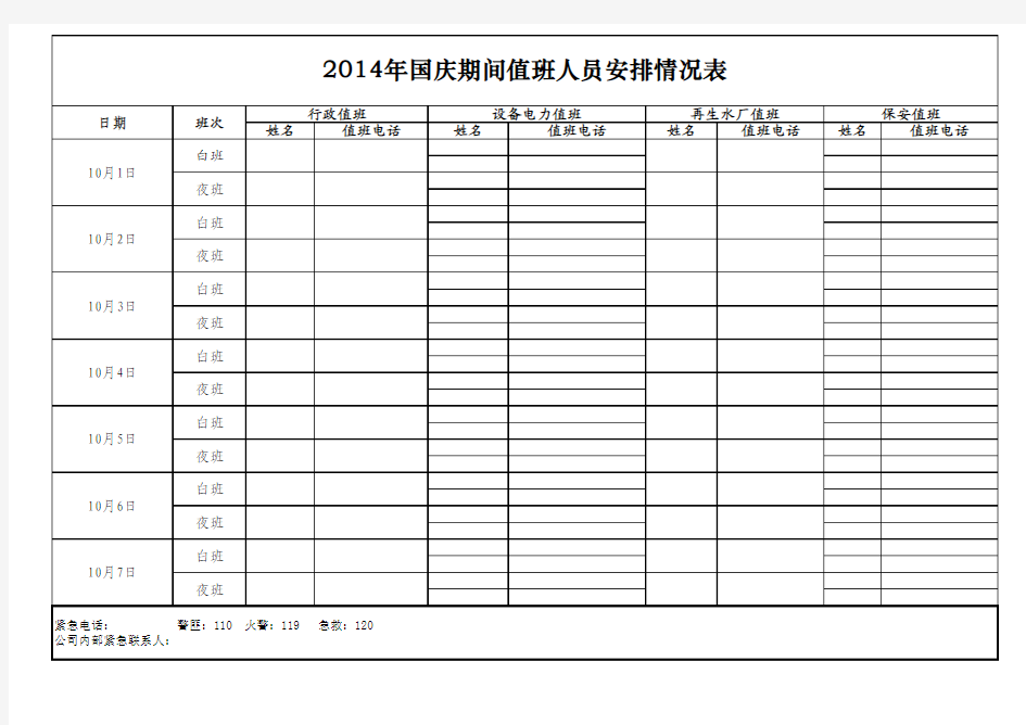2014年国庆期间领导及值班人员安排情况表