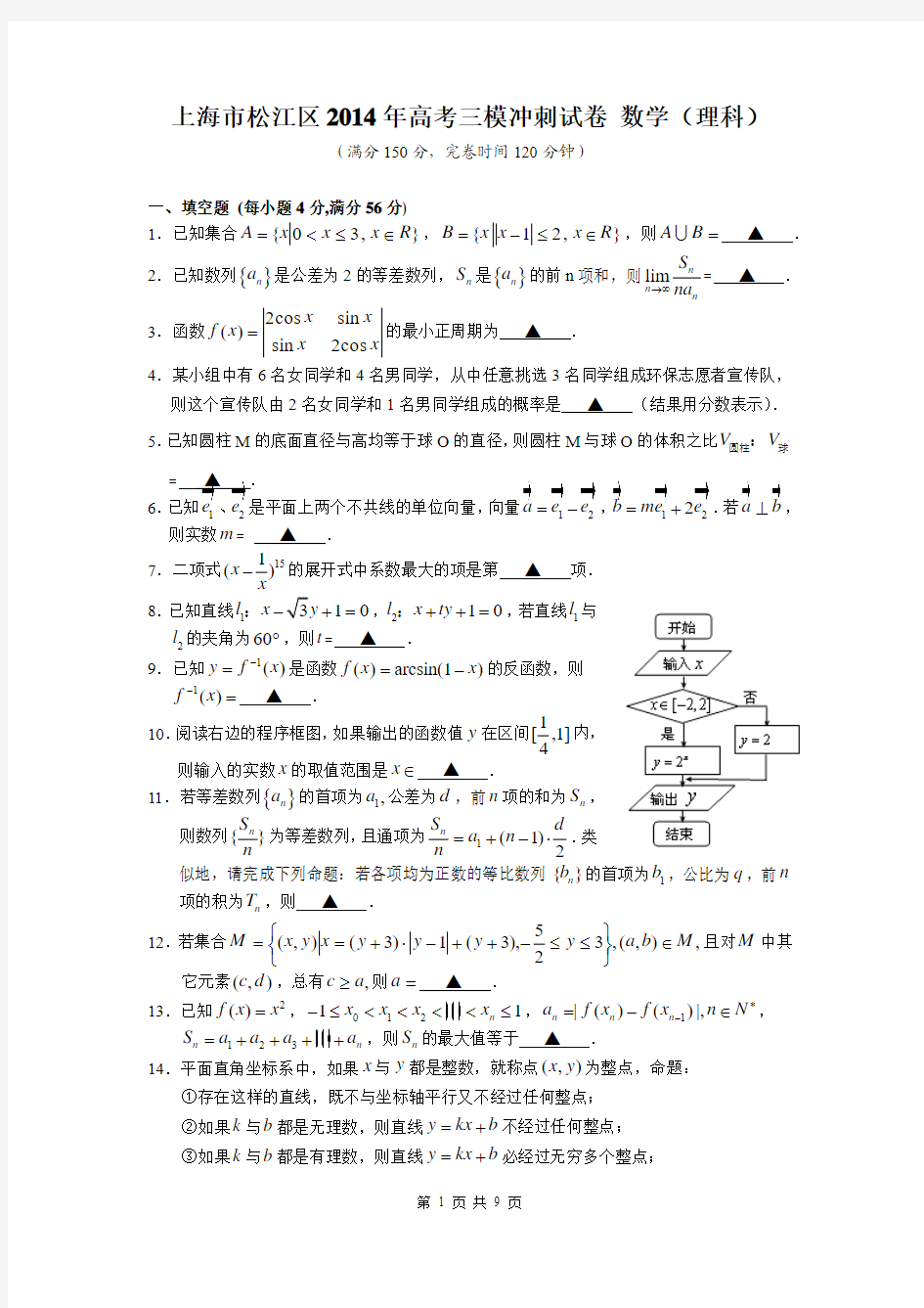 上海市松江区2014年高考三模冲刺试卷 数学(理科) Word版