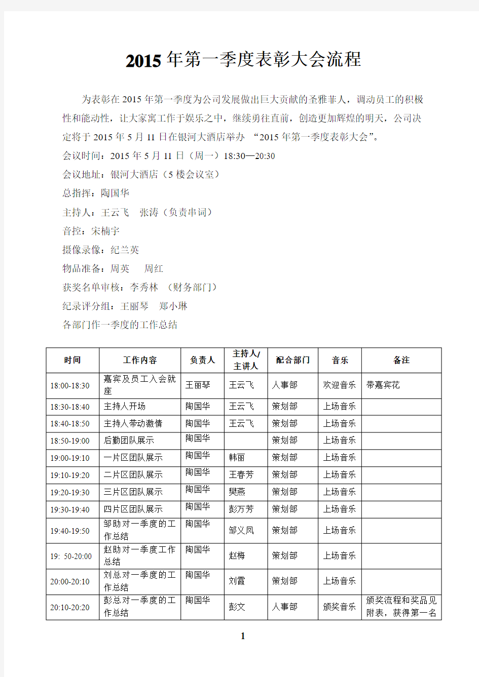 2015年第一季度表彰会流程