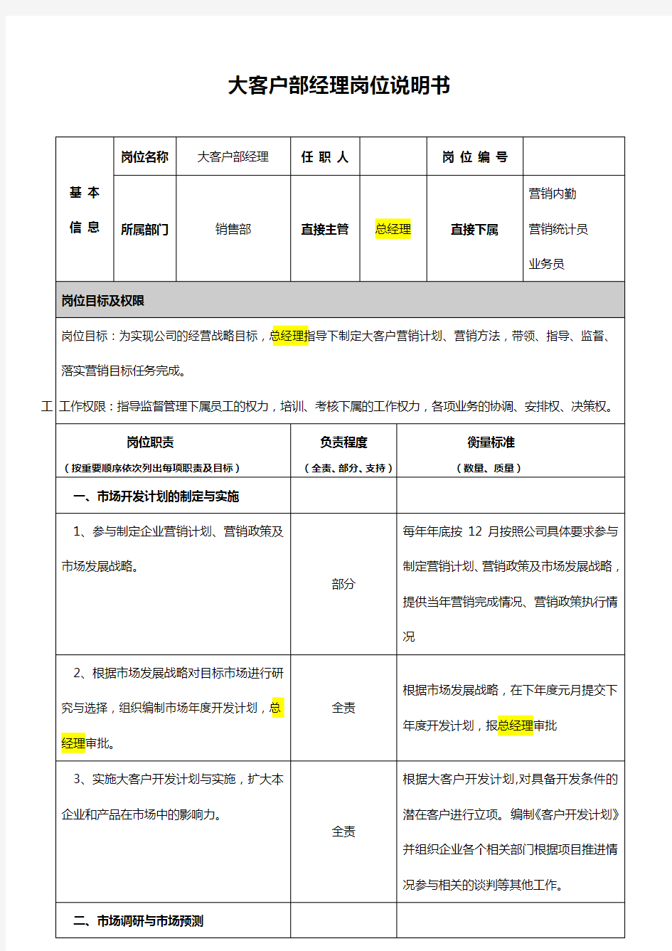 大客户部经理岗位说明书(免费)