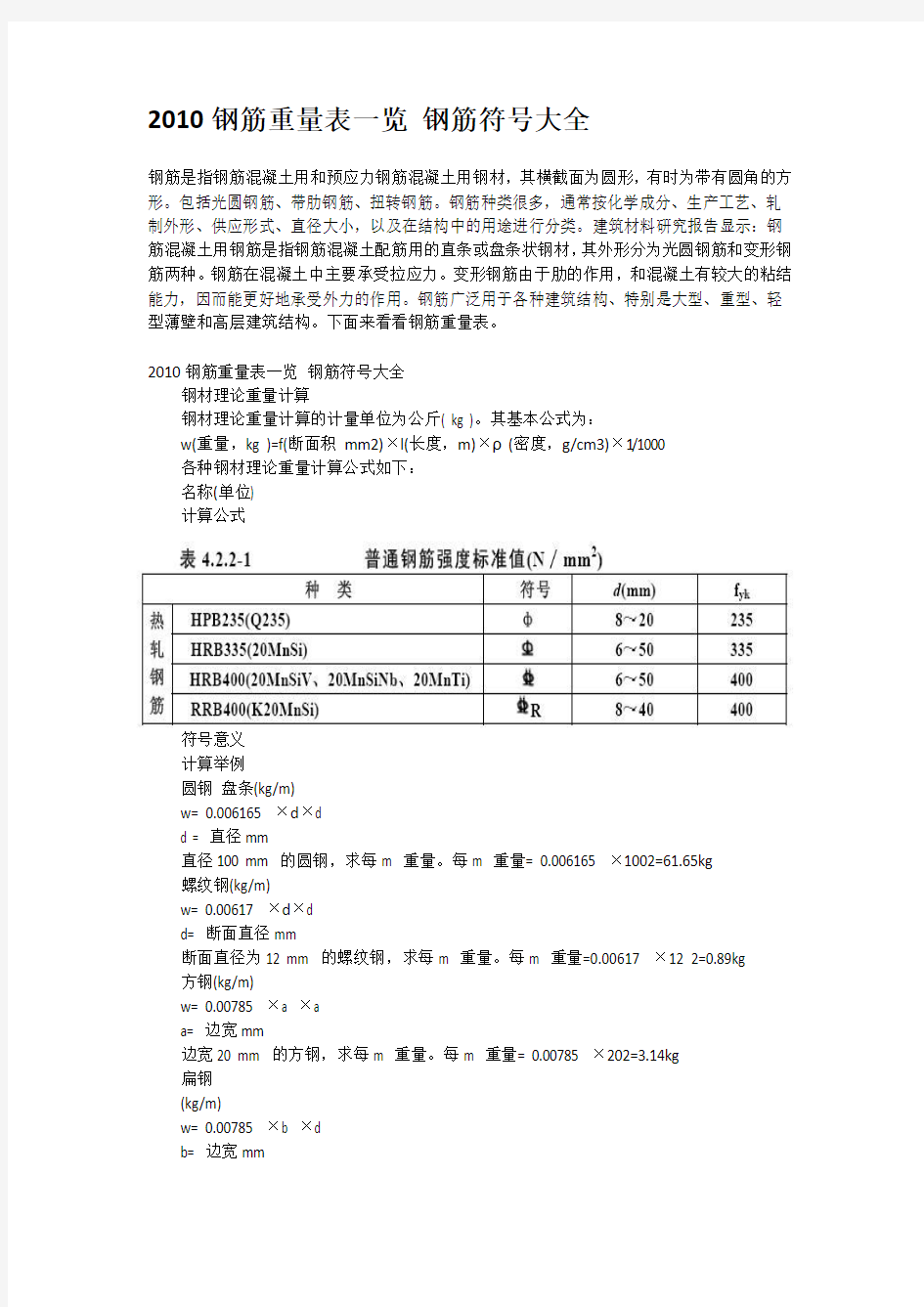 2010钢筋重量表一览 钢筋符号大全