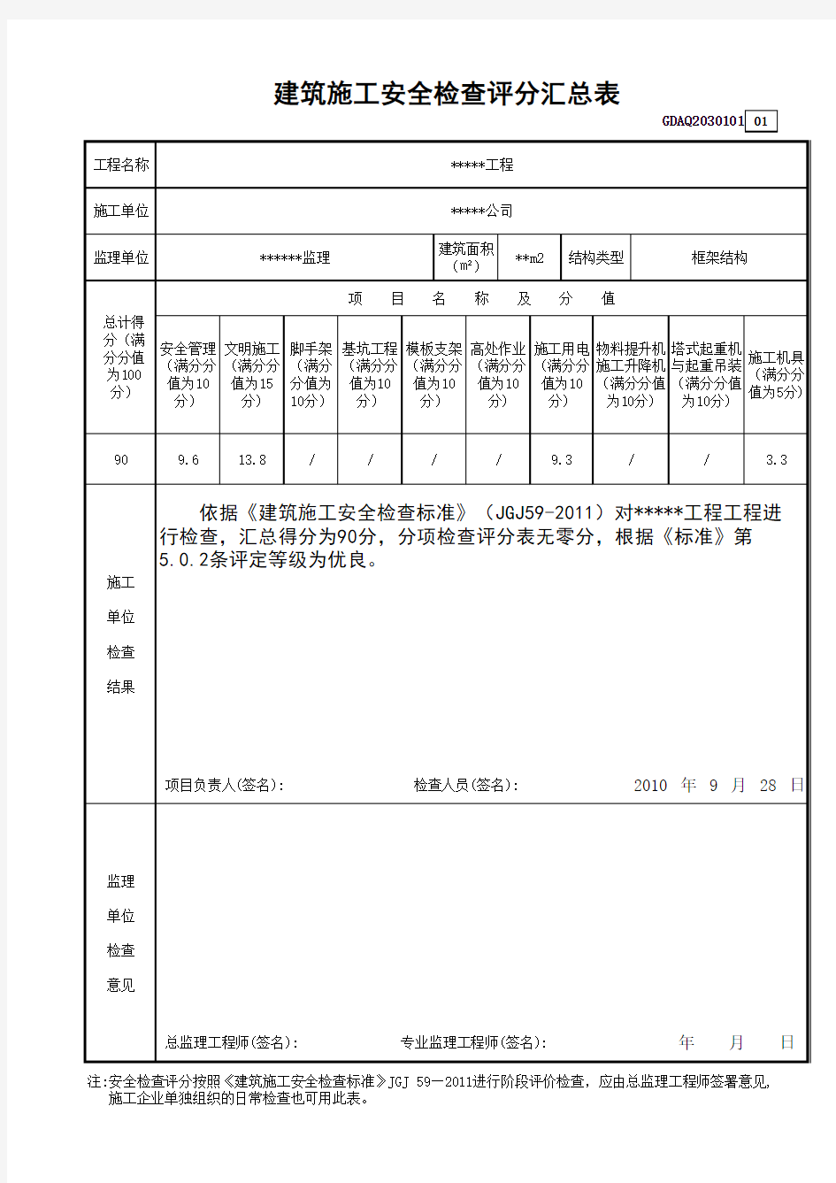 超实用建筑施工安全检查评分(自动计算公式)