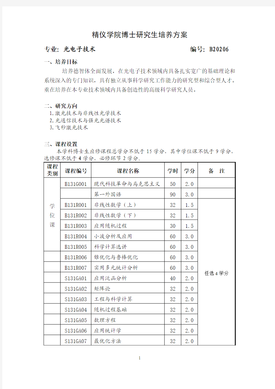 天津大学博士研究生培养方案_光电子技术