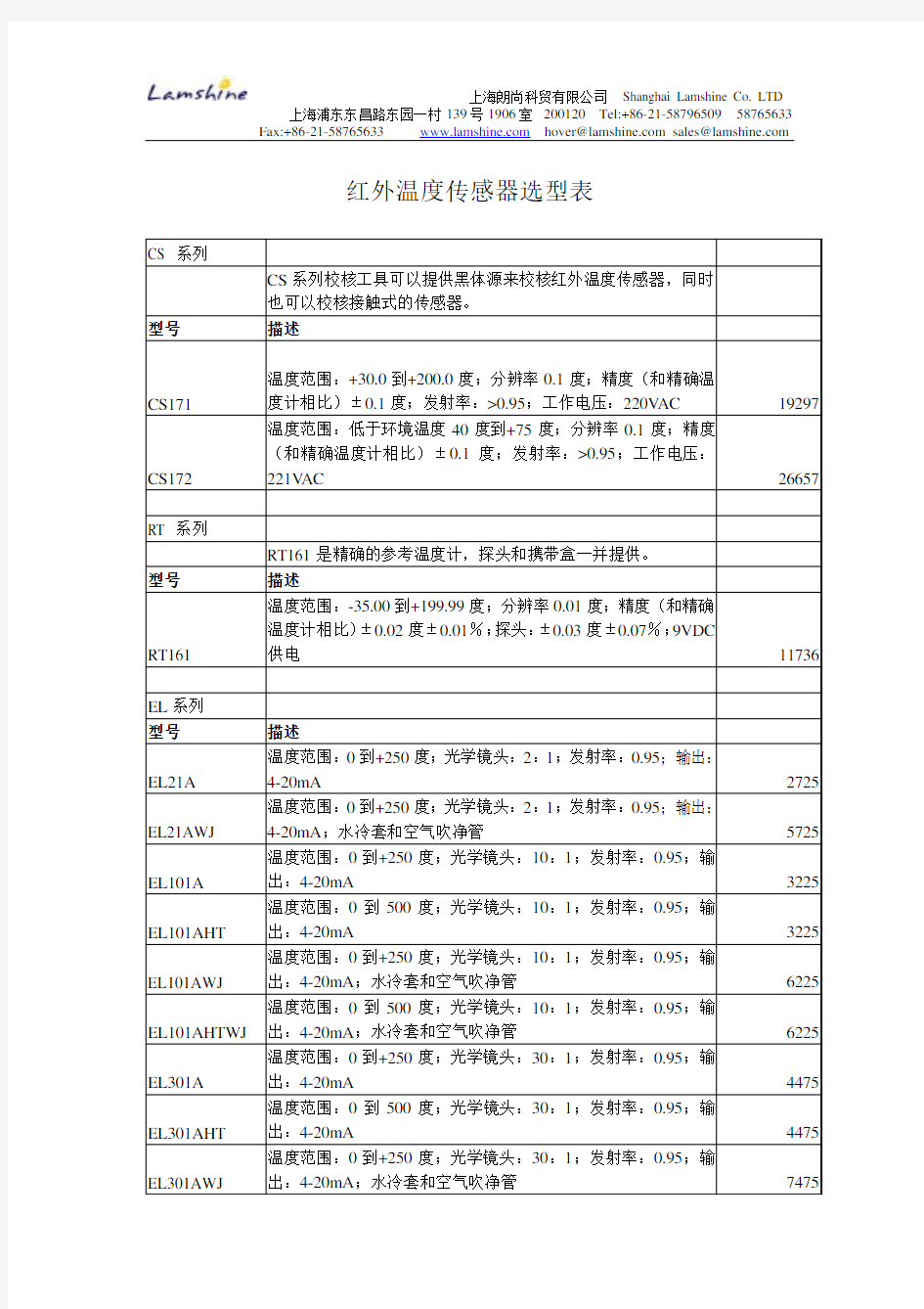 红外温度传感器选型表