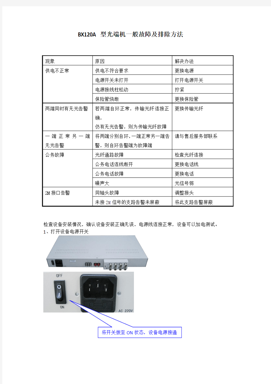 BX120A 型光端机一般故障及排除方法