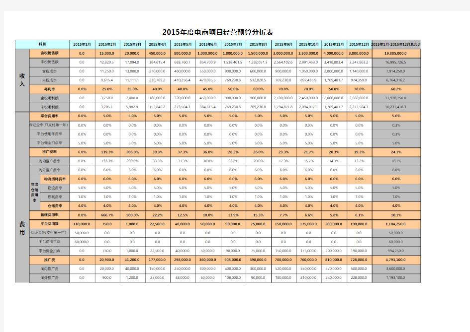 2015年度淘宝天猫电商项目经营预算利润分析表模板