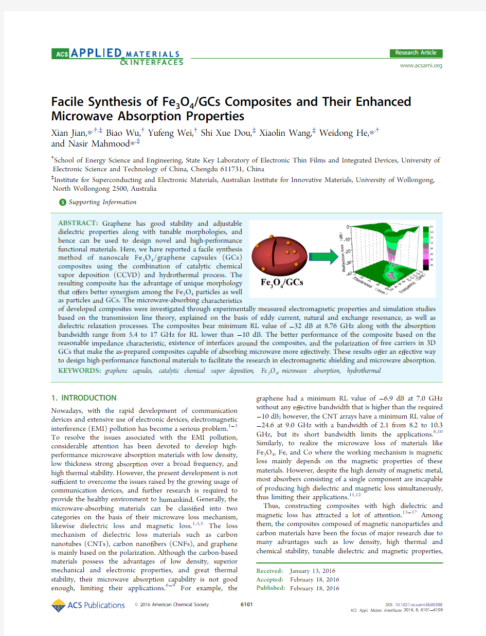 ACS Appl.Mater.Interfaces,2016,8(9),6101– Fe3O4-GCs Composites  Microwave Absorption Properties