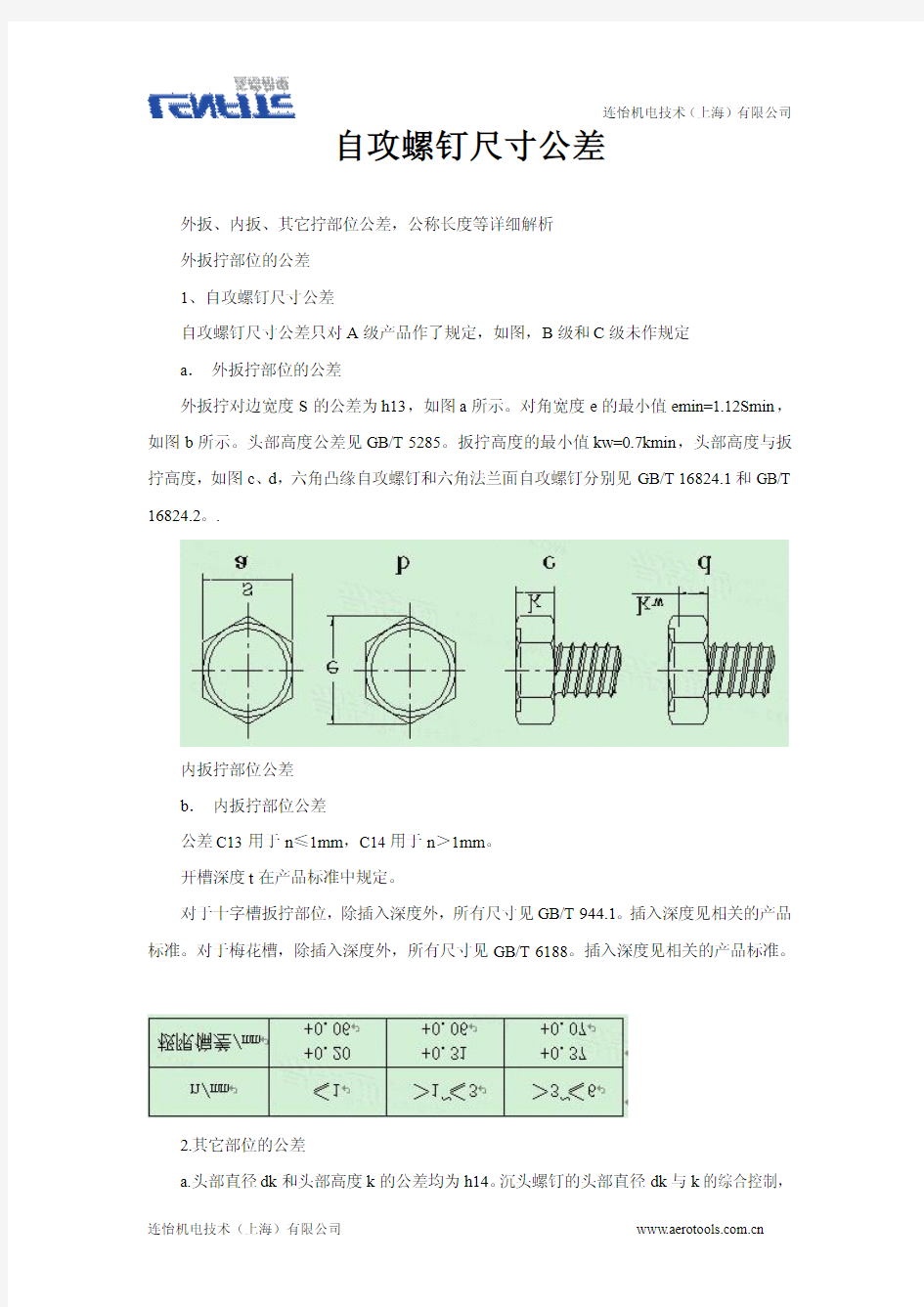 自攻螺钉尺寸公差