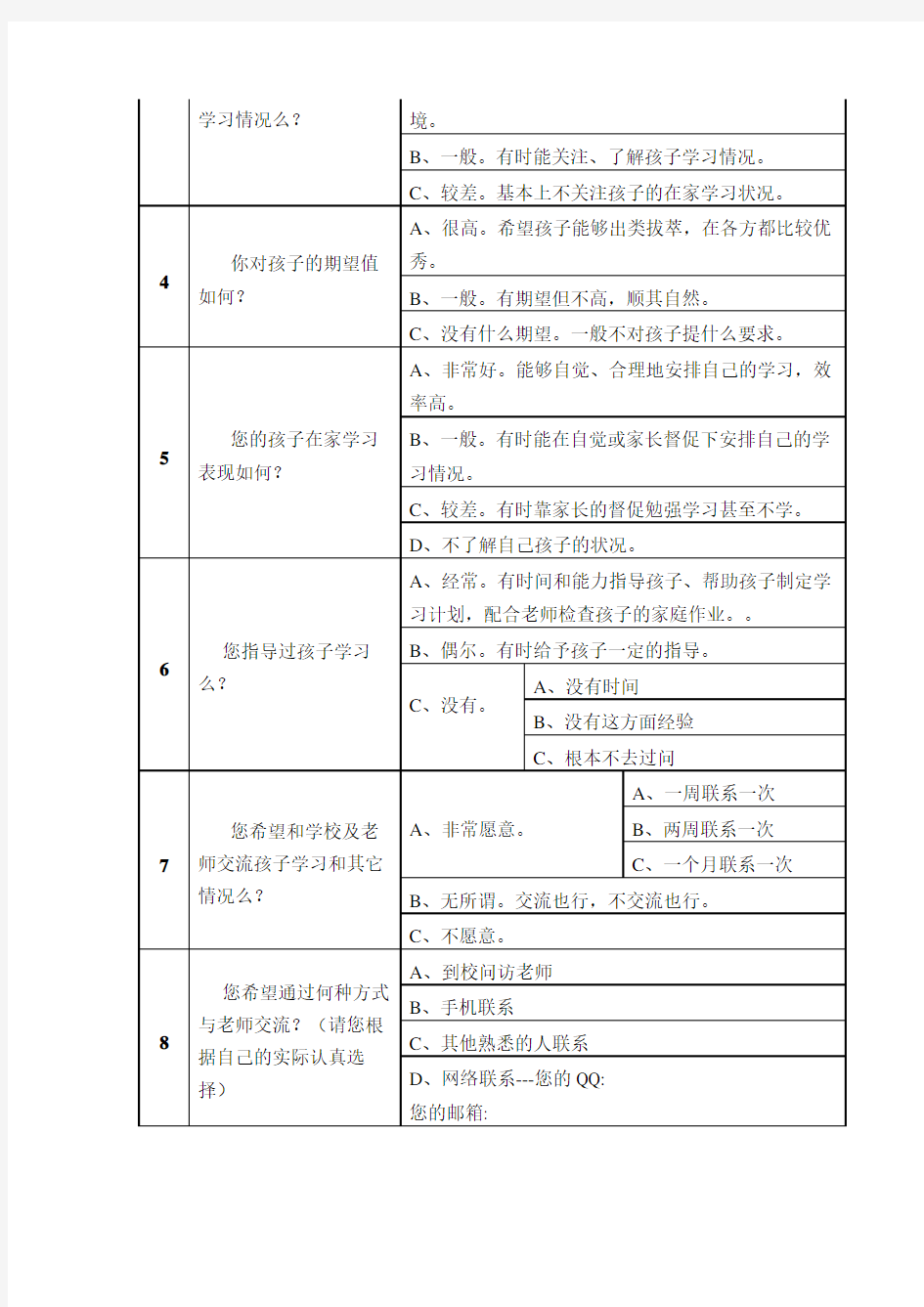 家校联系调查问卷