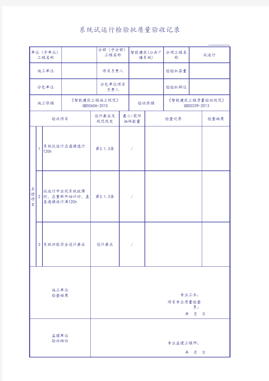 系统试运行检验批质量验收记录