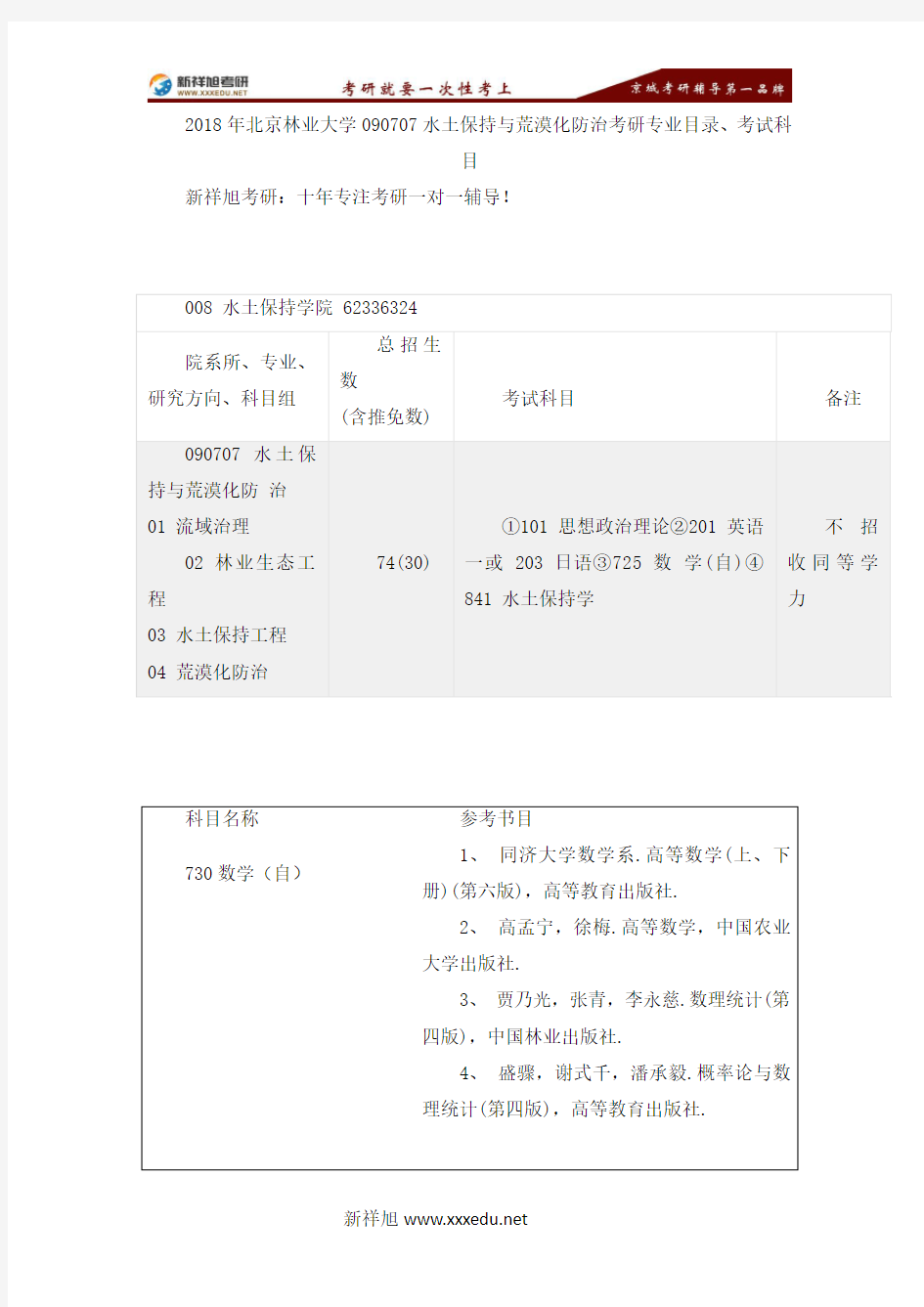 2018年北京林业大学090707水土保持与荒漠化防治考研专业目录、考试科目-【新祥旭考研】