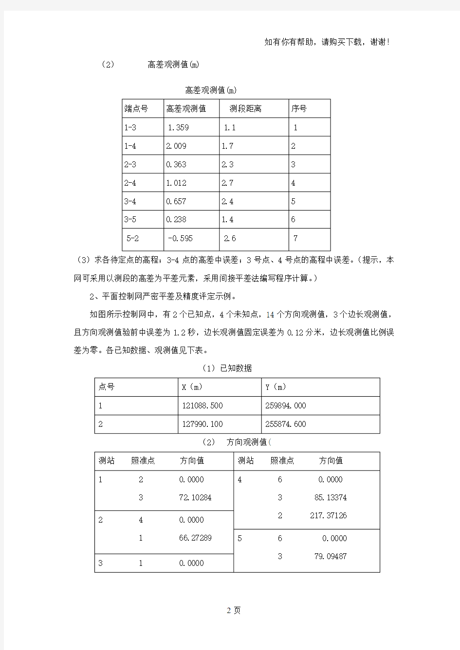 误差理论及测量平差课程设计任务书、指导书