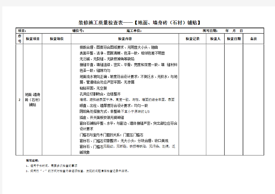 装修施工质量检查表