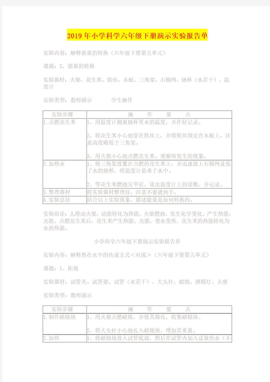 2019年小学科学六年级下册演示实验报告单