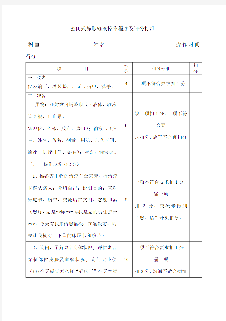 静脉输液操作流程及评分标准