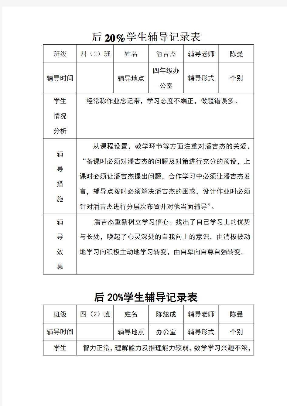 四年级数学后进生辅导记录