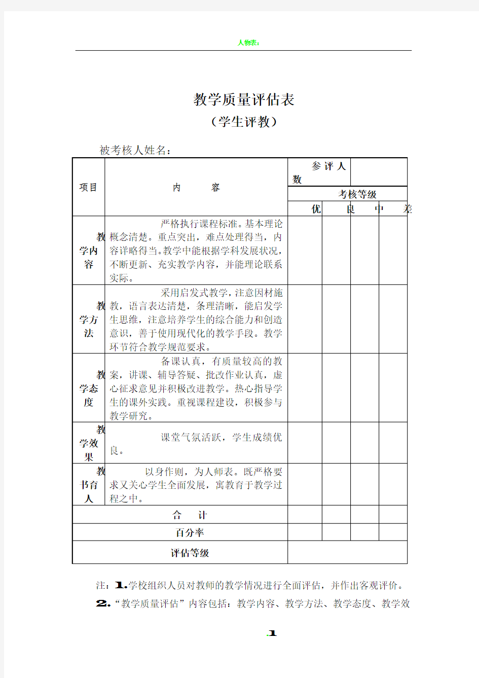 教师教学质量评估考核表(教师评议学生评议)