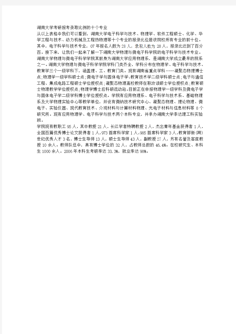 湖南大学考研报考录取比例的十个专业 