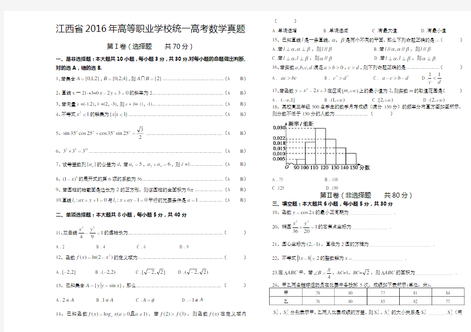 江西省2016年三校生统一招生高考数学真题