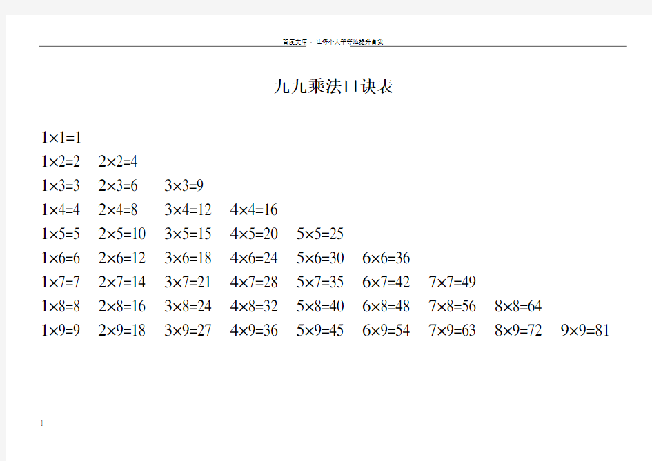 九九乘法口诀表和乘法口诀练习题