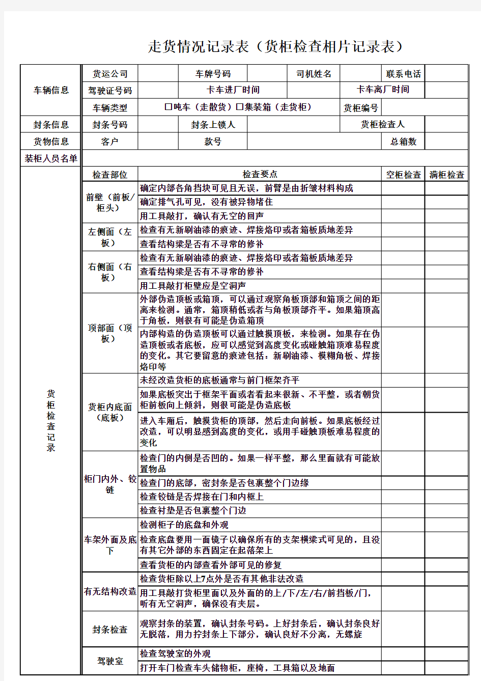 集装箱拖车卡车七点检查记录