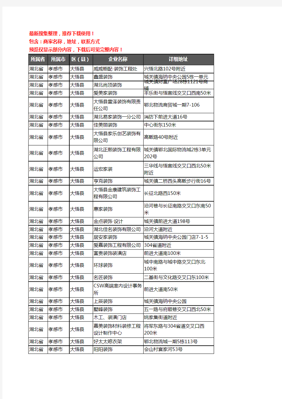 新版湖北省孝感市大悟县装修公司企业公司商家户名录单联系方式地址大全28家