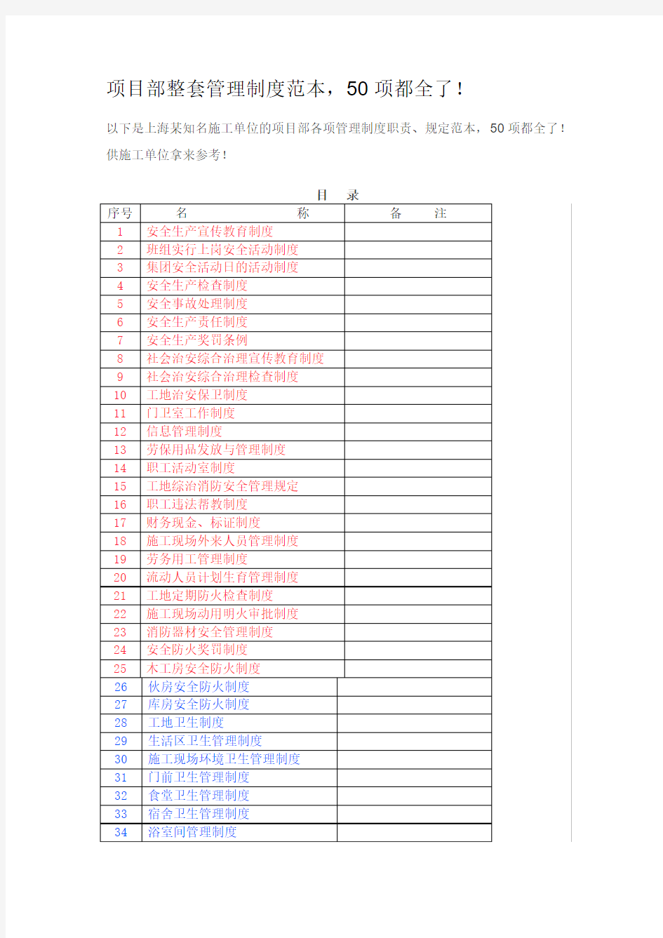 项目部整套管理制度范本